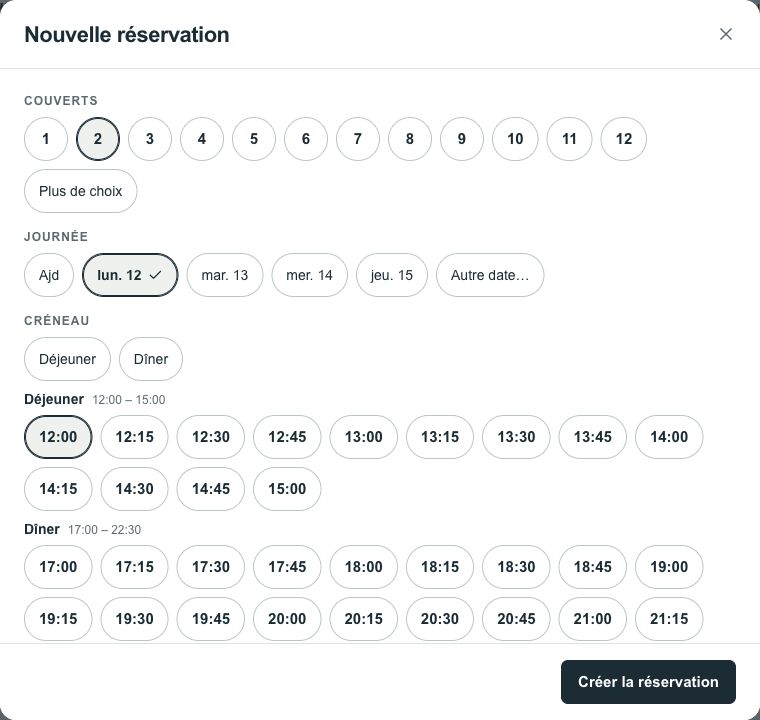 Choix des couverts, de la journée et du créneau pour une nouvelle réservation.