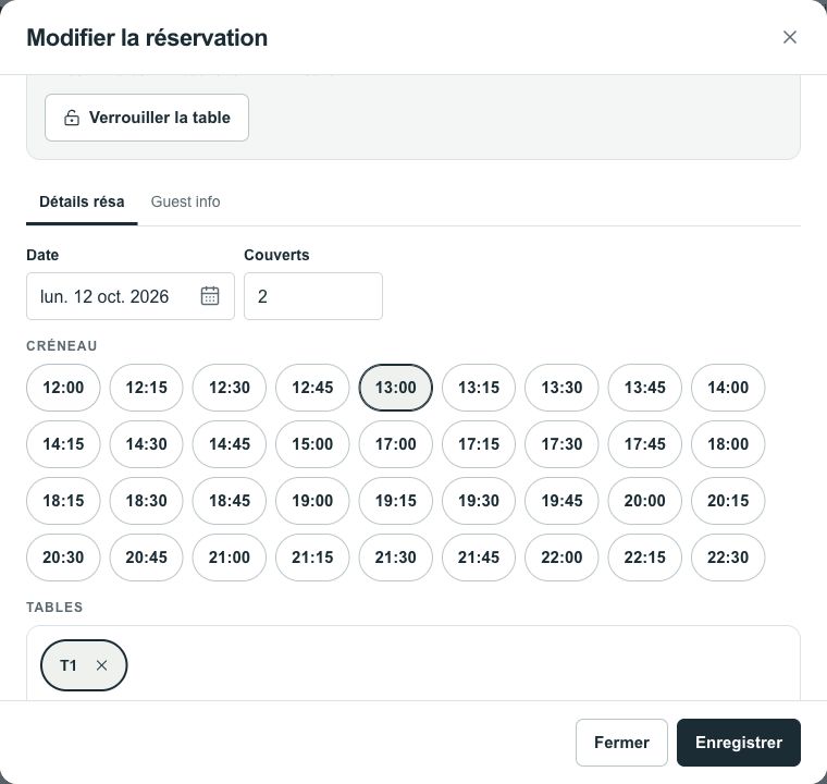 Modification du créneau : 13:00 sélectionné et bouton Enregistrer.